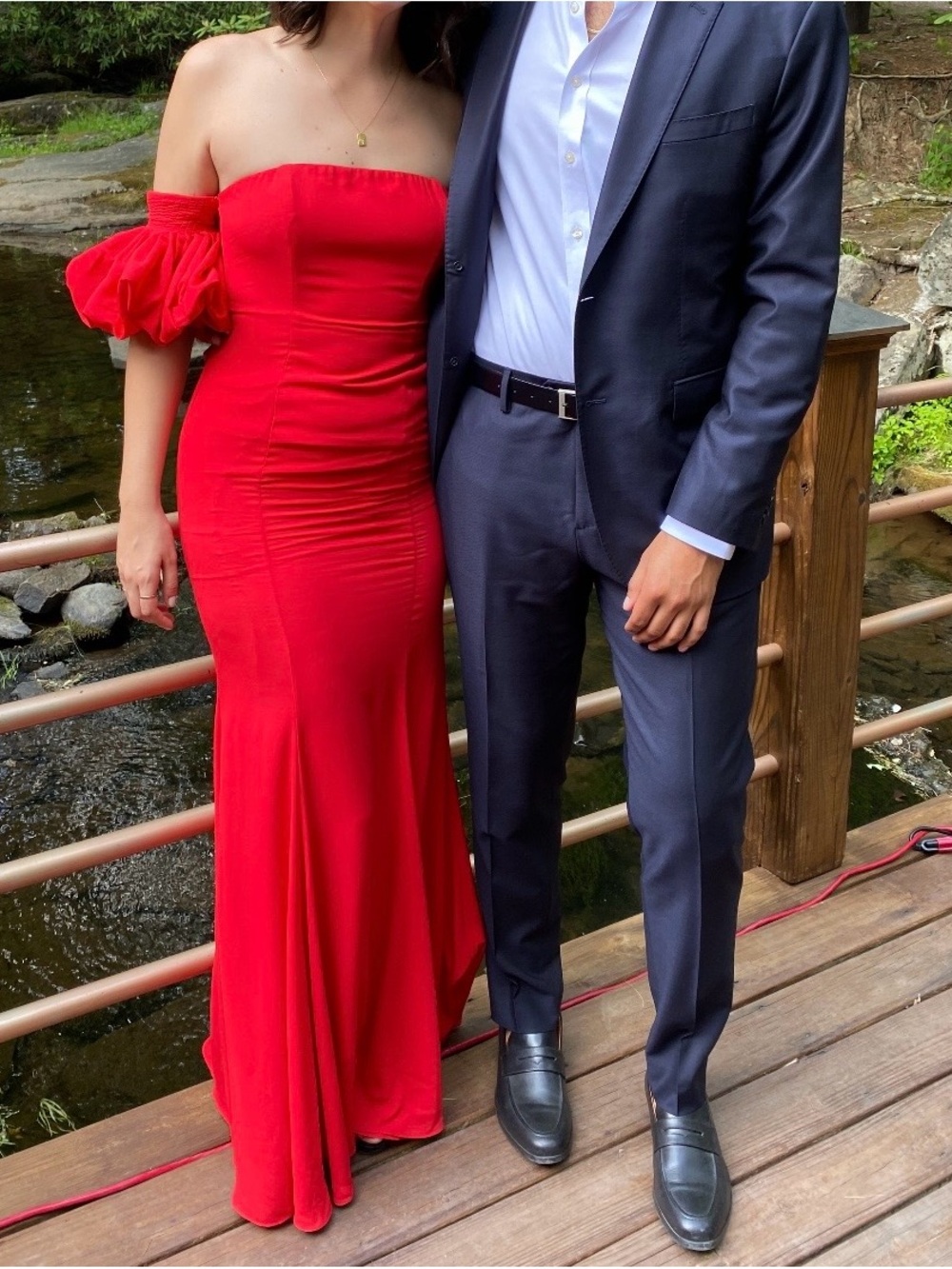 Off-Shoulder Red Evening Gown with Puff Sleeves